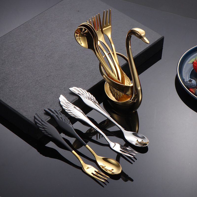 304 stainless steel wing spoon, coffee mixer, fruit fork, dessert spoon, creative swan base gift set Specification drawing