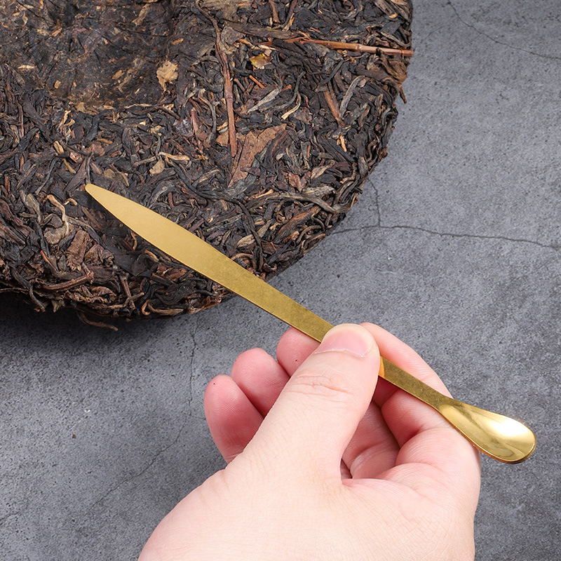 Stainless steel tea saucer, Pu 'er tea spoon, golden long-handled tea needle, tea dividing spoon, tea brewing tool, tea prying needle, tea ceremony accessories Specification drawing