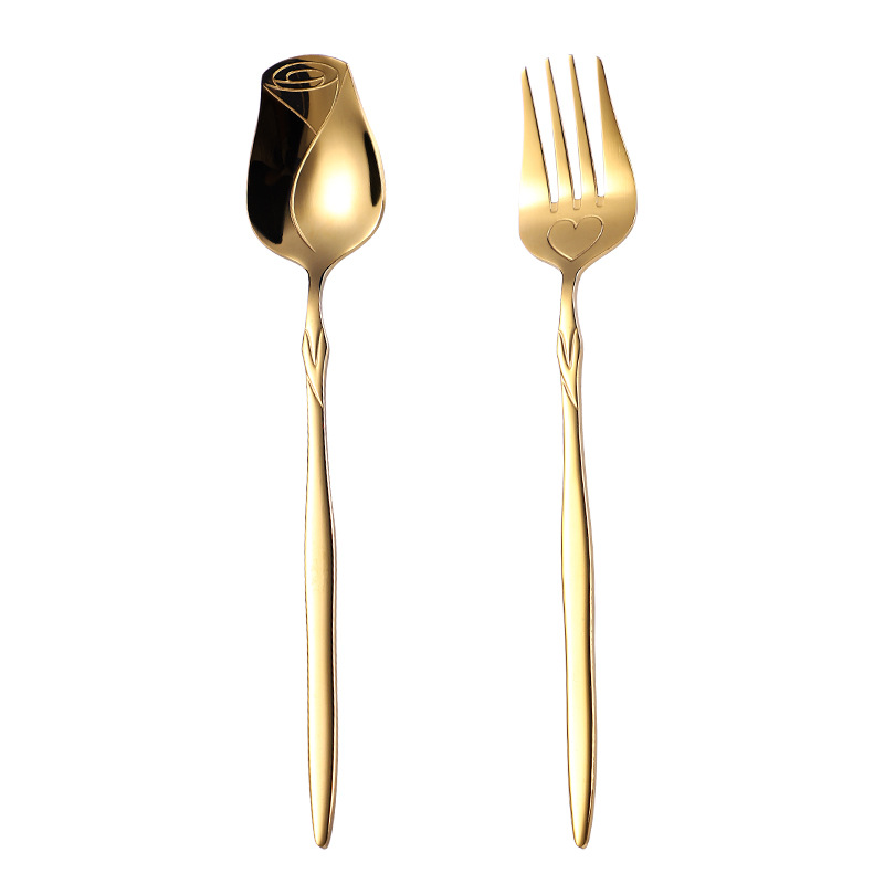 Stainless steel spoon, golden rose meal spoon, creative flower spoon, student lunch box meal spoon, portable spoon and fork gift set Item Picture