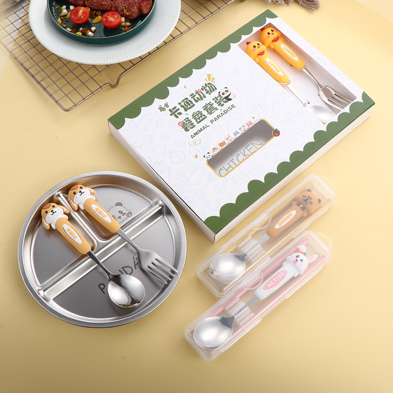 Children's portable tableware 304 stainless steel spoons, cartoon and cute spoons and chopsticks, home baby eating spoons and plates set details Picture