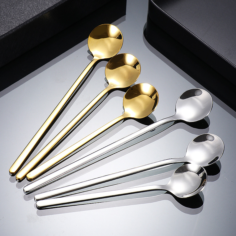 Stainless steel spoons, long-handled ice spoons, high-appearance-level coffee spoons, small golden round spoons, household mixing spoons, wholesale souvenirs details Picture