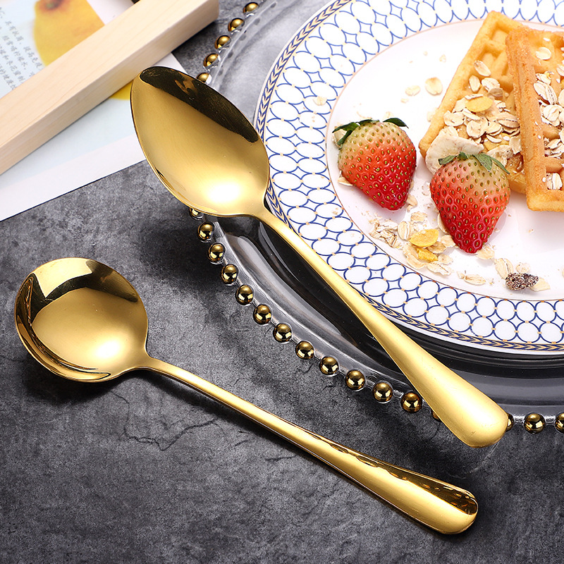 1010 stainless steel spoons, stainless steel tableware, feeding spoons, titanium gold spoons, round spoons, pointed spoons, children's soup spoons with LOGO details Picture