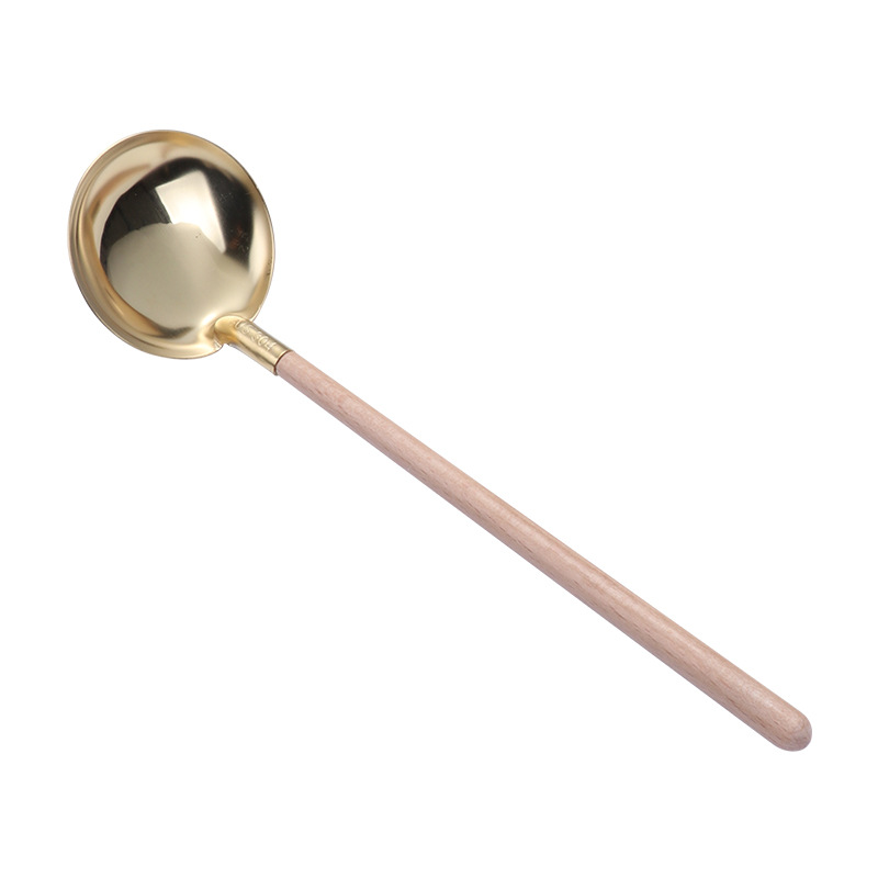 304 stainless steel hot pot spoon, Japanese wooden handle small soup shell flower-shaped strainer spoon, Japanese cooking spoon, restaurant soup serving spoon Item Picture