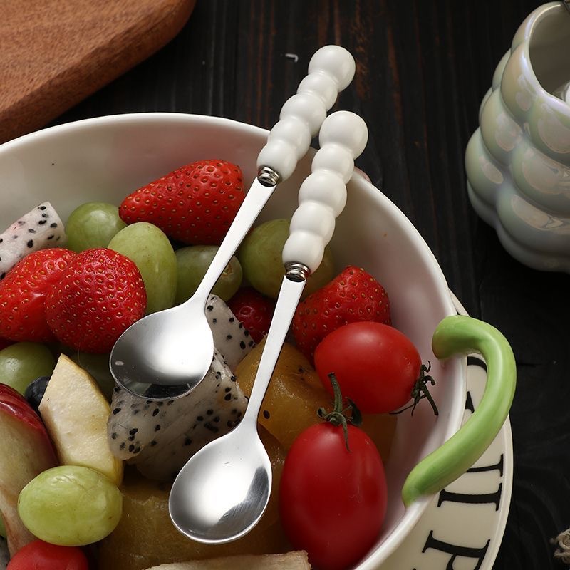 Creative stainless steel spoons, ceramic pearl small spoons, coffee spoons, ice cream and Popsicle spoons, ins cake and dessert spoons details Picture