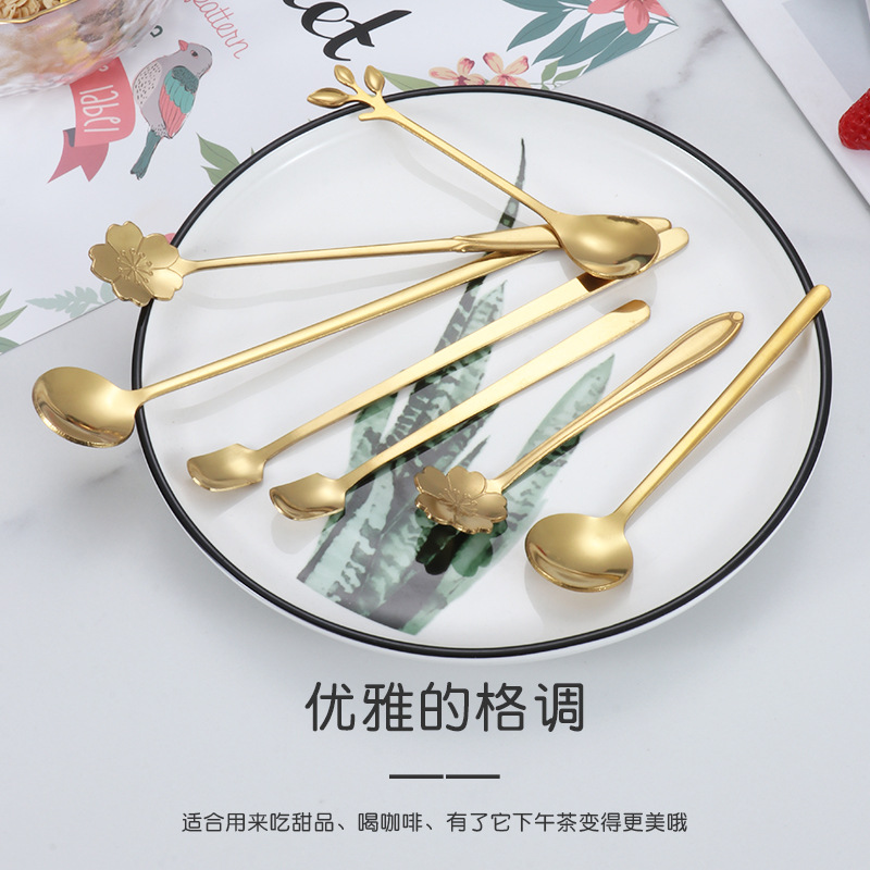 Long-handled cherry blossom spoon, titanium rose spoon, stainless steel stirring spoon, souvenir flower spoon, leaf spoon, small square head spoon details Picture