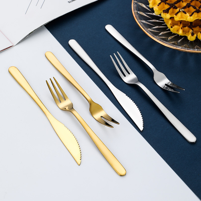 Stainless steel mooncake knife and fork, creative gold-plated two-tooth fruit Western-style dessert cake three-tooth knife and fork accessories details Picture