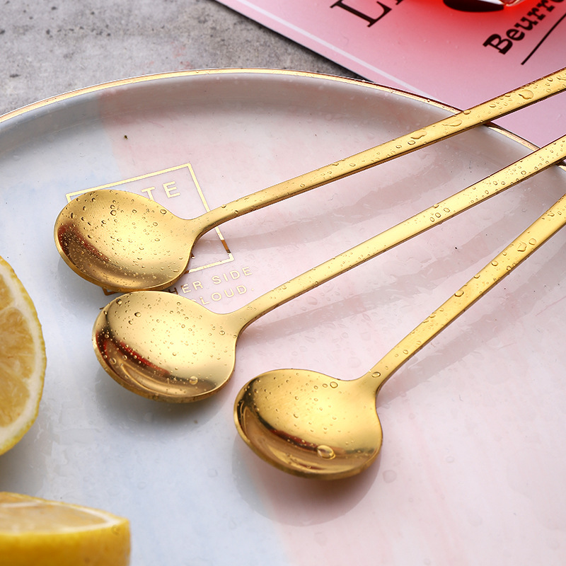 Stainless steel spoons, ins tableware, small round spoons, coffee stirring spoons, titanium gold small round spoons, honey small spoons, souvenirs details Picture