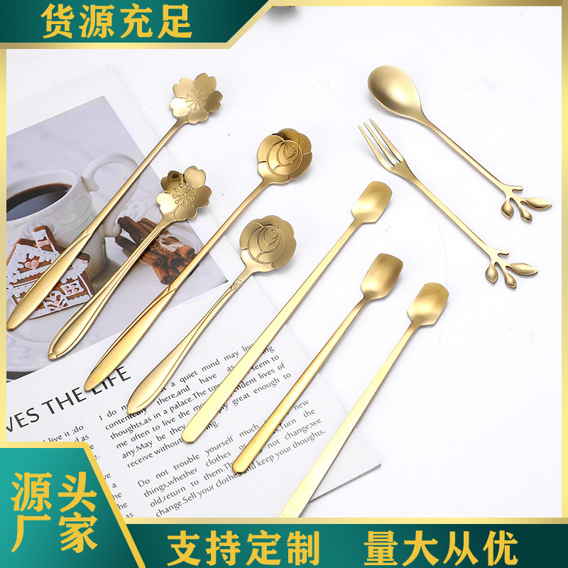 Stainless steel cherry blossom rose spoon, forest-themed flower and leaf ins coffee square head spoon, wedding souvenir full figure