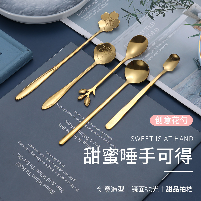 Stainless steel cherry blossom spoon, forest-themed flower spoon, leaf spoon, titanium gold small round spoon, short-handled coffee spoon, mug, square head spoon details Picture