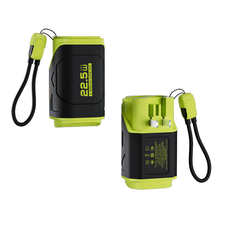 跨境私模充电宝22.5W超级快充多功能10000毫安自带线AC插头充电宝 绿色