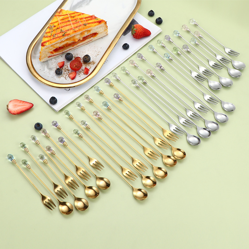 Stainless steel spoon, crystal diamond coffee spoon, long-handled mixing spoon, fruit fork, dessert spoon, cocktail ice spoon details Picture