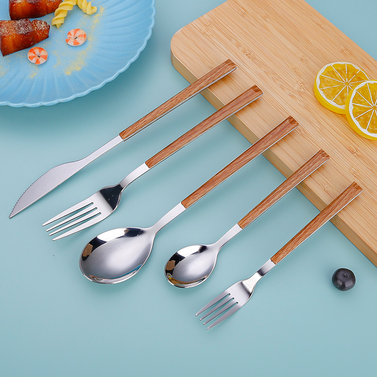 Japanese-style simple stainless steel tableware, creative wood-handled knives, forks and spoons, Western restaurant steak knives, fruit dessert forks details Picture