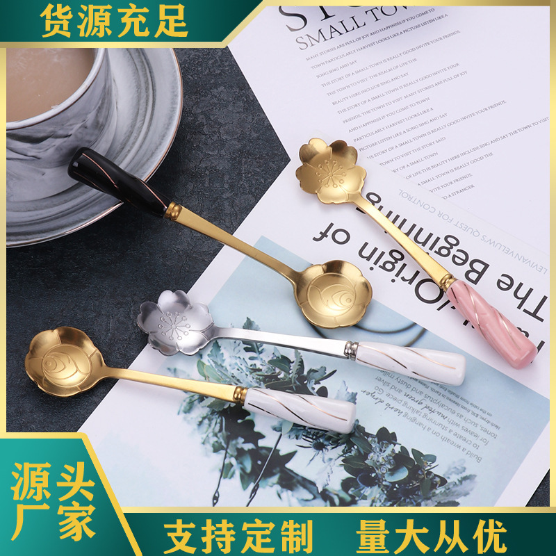 Creative dessert spoon, Japanese golden cherry blossom spoon, rose spoon, ins cute ceramic spoon, stainless steel coffee stirring spoon full figure