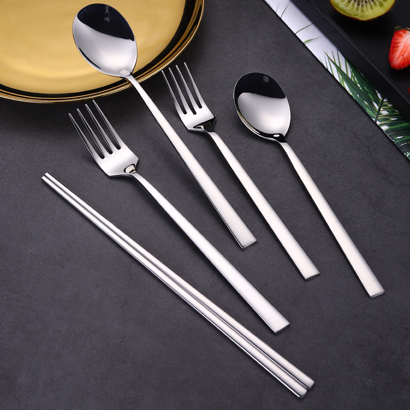 304 stainless steel Korean-style spoons, forks, chopsticks, long-handled spoons, forks and spoons, student portable three-piece set of chopsticks, spoons and forks details Picture