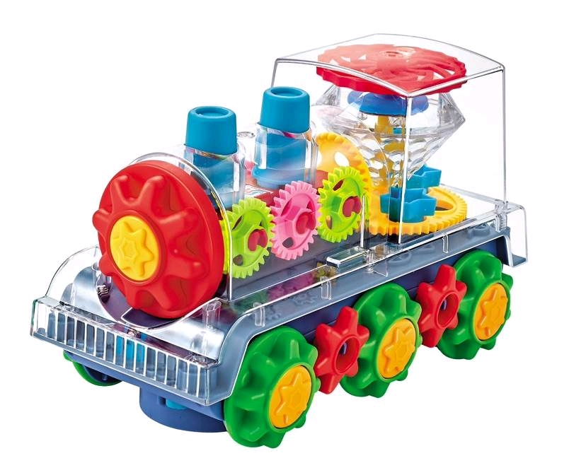 跨境灯光站立齿轮厂家直销地摊小火车头音乐旋转透明行驶万向玩具 发光玩具车