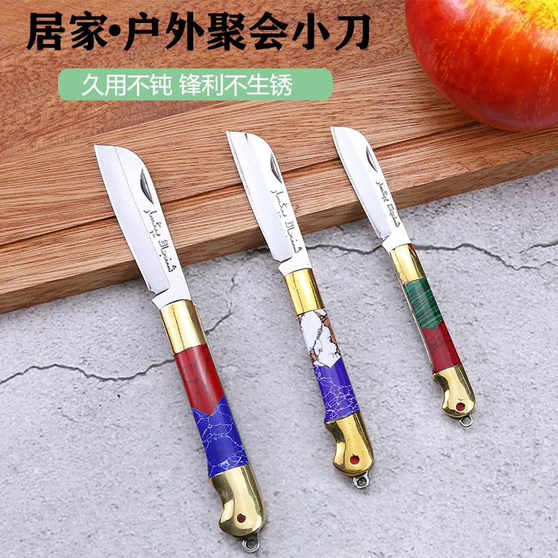 Exotic stainless steel fruit knife, mini brass folding knife, portable knife, keychain knife full figure
