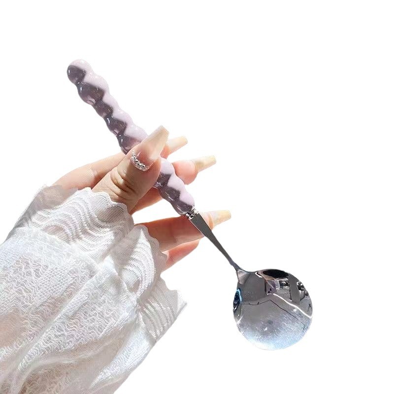 Colorful pearl stainless steel spoon, plastic handle, table spoon, girlish heart, household spoon, small soup spoon, long handle round spoon Item Picture