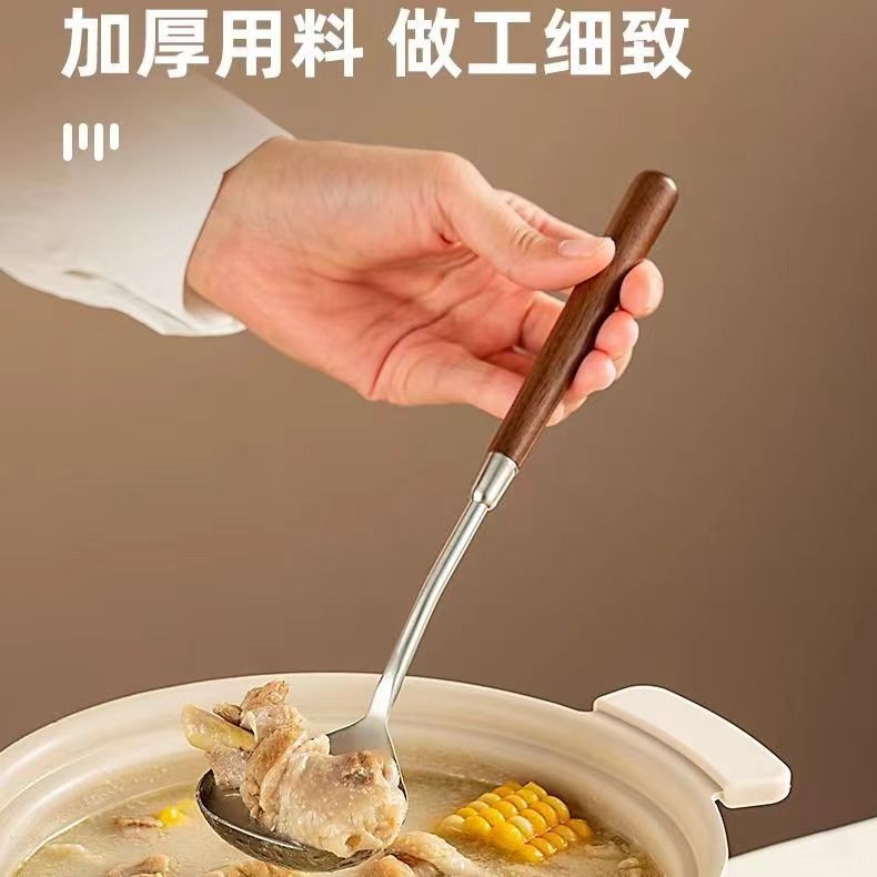 Stainless steel soup spoon spatula, retro wood-handled soup spoon, household soup and porridge spoon, restaurant hot pot spoon, cooking spoon spatula Specification drawing