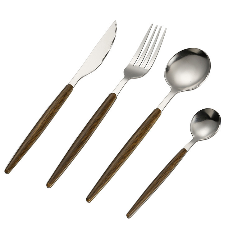 Stainless steel knives, forks and spoons with wooden handles, creative Portuguese tableware, Japanese and Western cuisine knives, forks, spoons, forks, steak knives and forks Item Picture