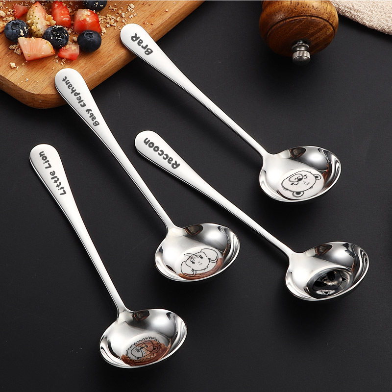316 stainless steel round-head flat-bottomed spoon, cartoon animal spoon, children's rice spoon, household long-handled spoon, deep spoon Specification drawing
