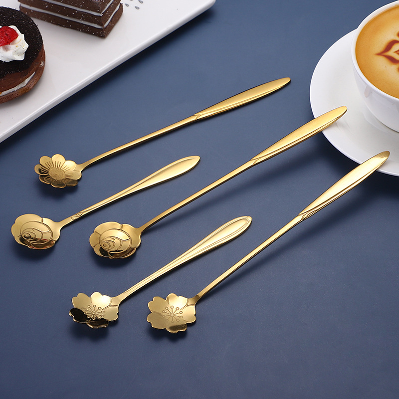 Stainless steel spoon, long-handled stirring spoon, ins cherry blossom spoon, rose spoon, titanium gold square head spoon, leaf spoon, three-toothed fork details Picture