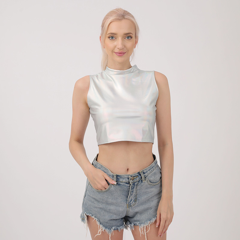 工厂现货  爆款 跨境欧美小高领无袖上衣夜店舞台表演服女装现货批发   衣服女装T恤女修身显瘦t恤女详情图9