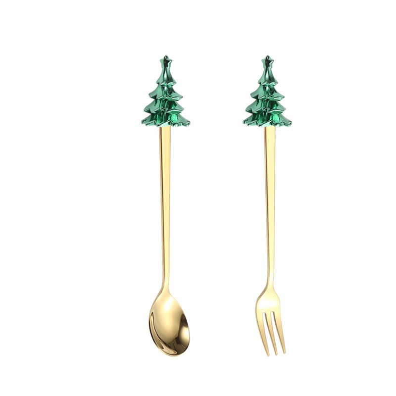 Creative Christmas tree tableware, coffee spoon, stainless steel spoon, fruit fork, dessert spoon, Christmas spoon and fork gift box set Item Picture