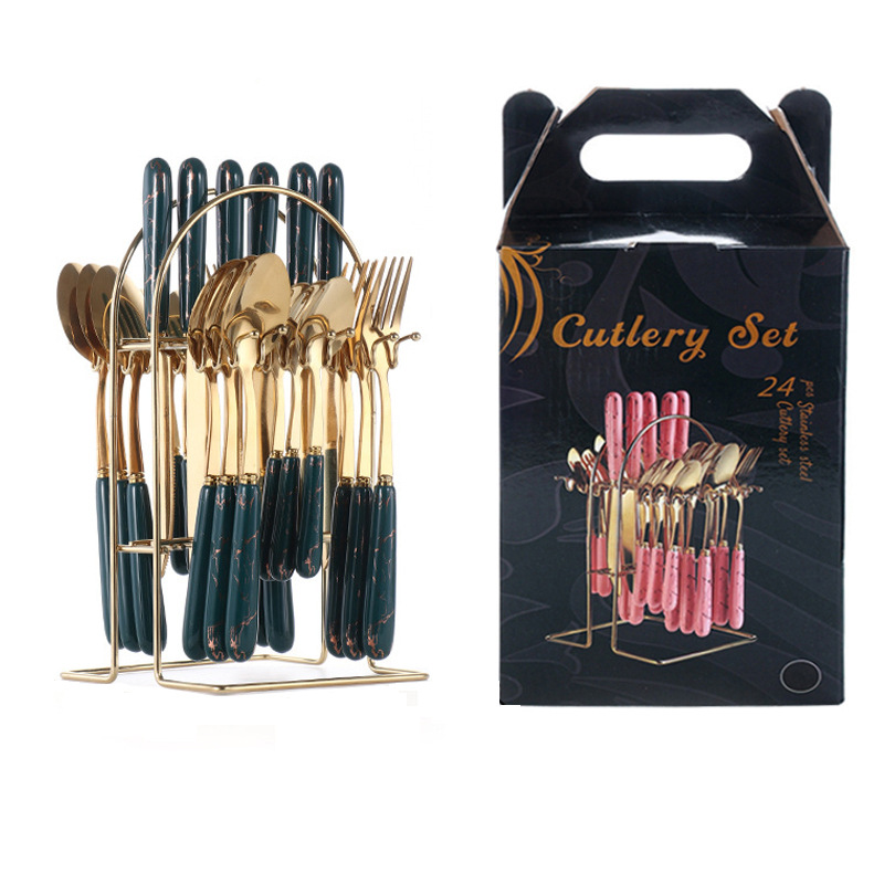 Cross-border stainless steel knives, forks and spoons, Nordic 24-piece set of tableware, marbled dessert spoons, steak knives and forks gift box set Item Picture