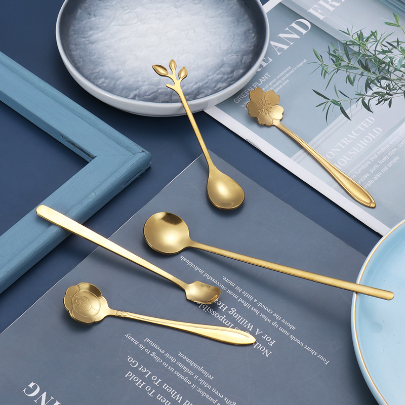 Stainless steel cherry blossom spoon, forest-themed flower spoon, leaf spoon, titanium gold small round spoon, short-handled coffee spoon, mug, square head spoon Specification drawing