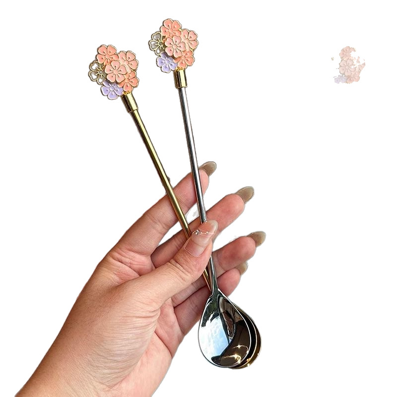 Cross-border 304 stainless steel spoon, Japanese cherry blossom spoon, exquisite dessert spoon, long-handled ice spoon, household bird's nest stirring spoon Item Picture