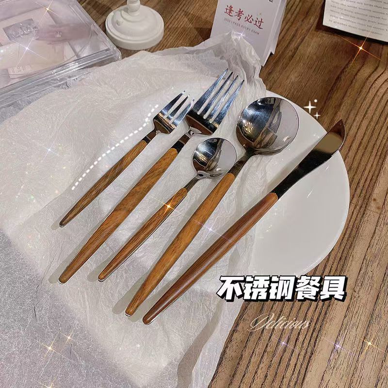 Stainless steel knives, forks and spoons with wooden handles, creative Portuguese tableware, Japanese and Western cuisine knives, forks, spoons, forks, steak knives and forks details Picture