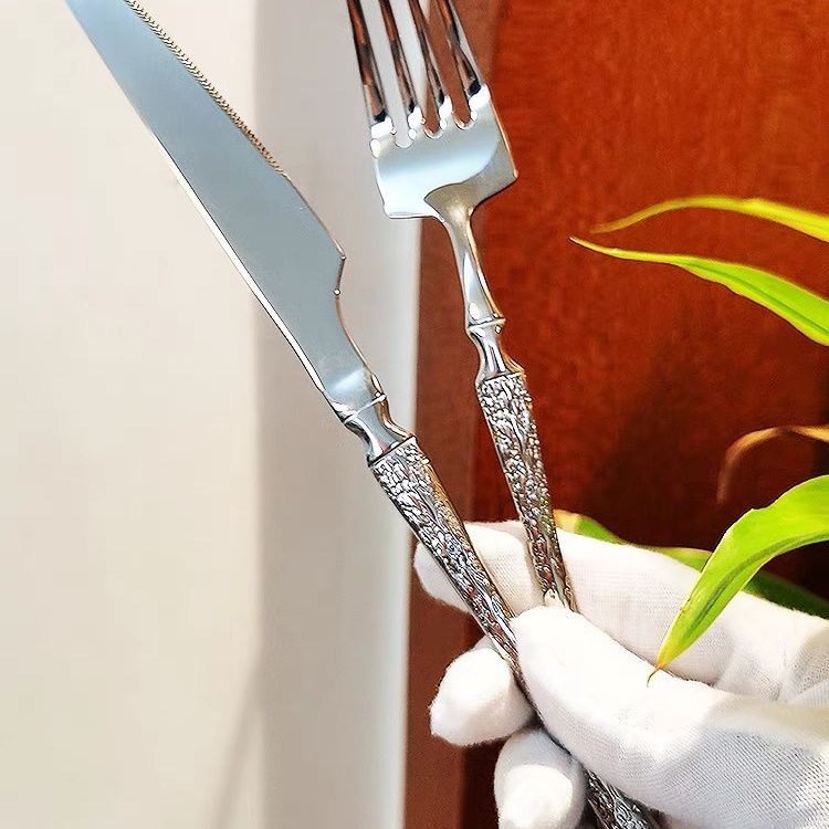 Cross-border stainless steel knives, forks and spoons, creative bark-patterned round spoons, small waist dessert spoons, hotel Western tableware, steak knives and forks Specification drawing