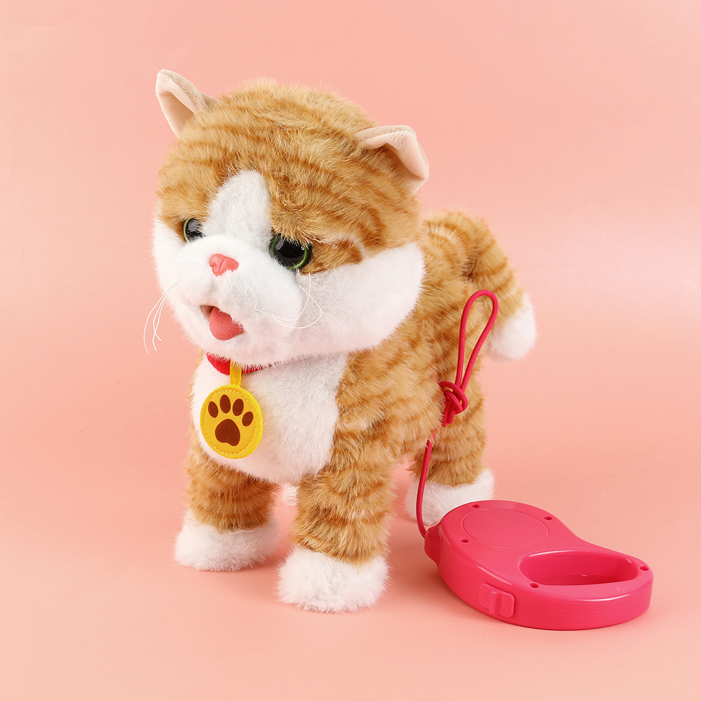 A yellow striped electric plush kitten sings while being held in a princess hug. The recording is saved for parent-child games. It acts cute and sticks out its tongue to ask for a hug