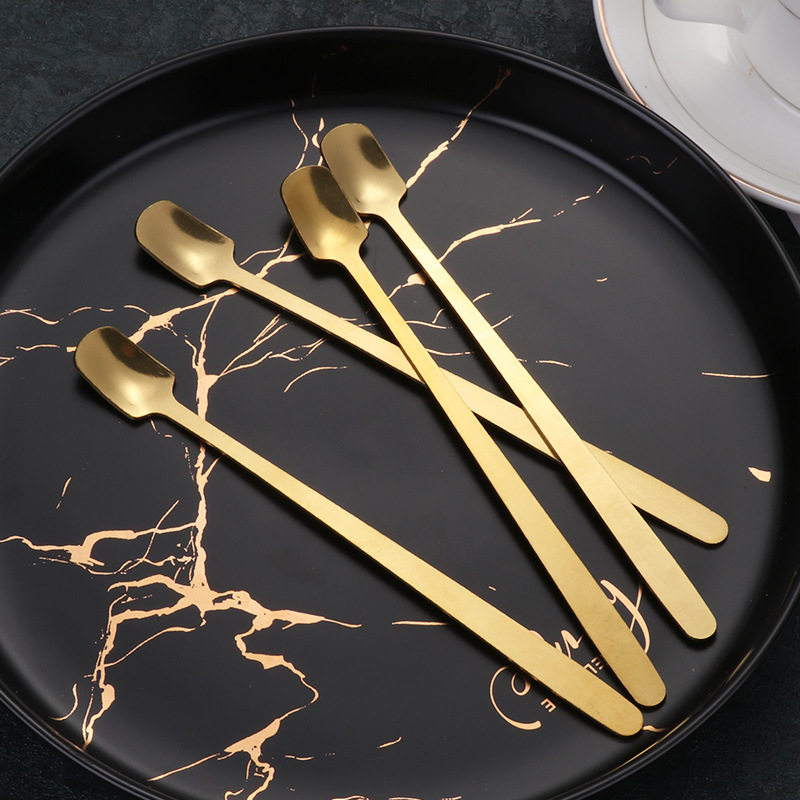 Factory direct sales of stainless steel spoons, golden square-head spoons, ice spoons, medicine spoons, long-handled coffee spoons, glass cups, and mixing spoons details Picture