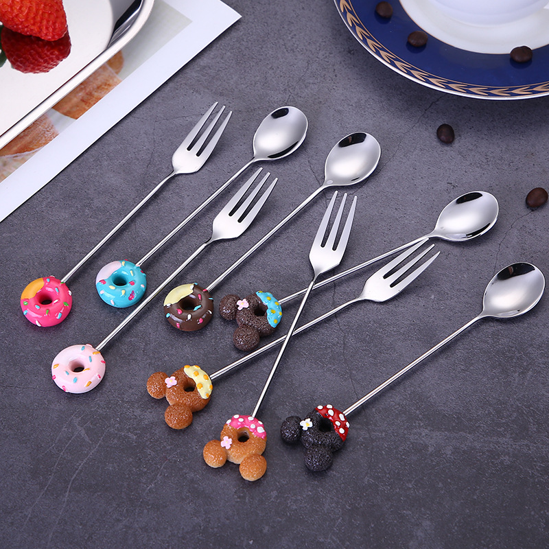 304 stainless steel spoon, children's cartoon spoon and fork, doughnut coffee spoon, three-toothed fruit fork, Japanese and Korean dessert fork full figure