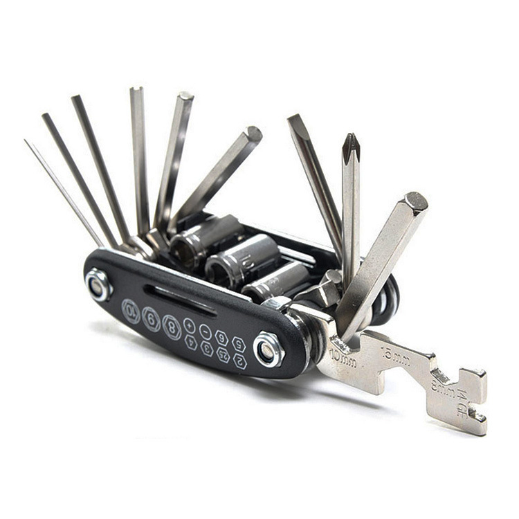 Bicycle repair combination tool 16-in-one screwdriver set, multi-functional folding bike repair and tire patching wrench set Item Picture