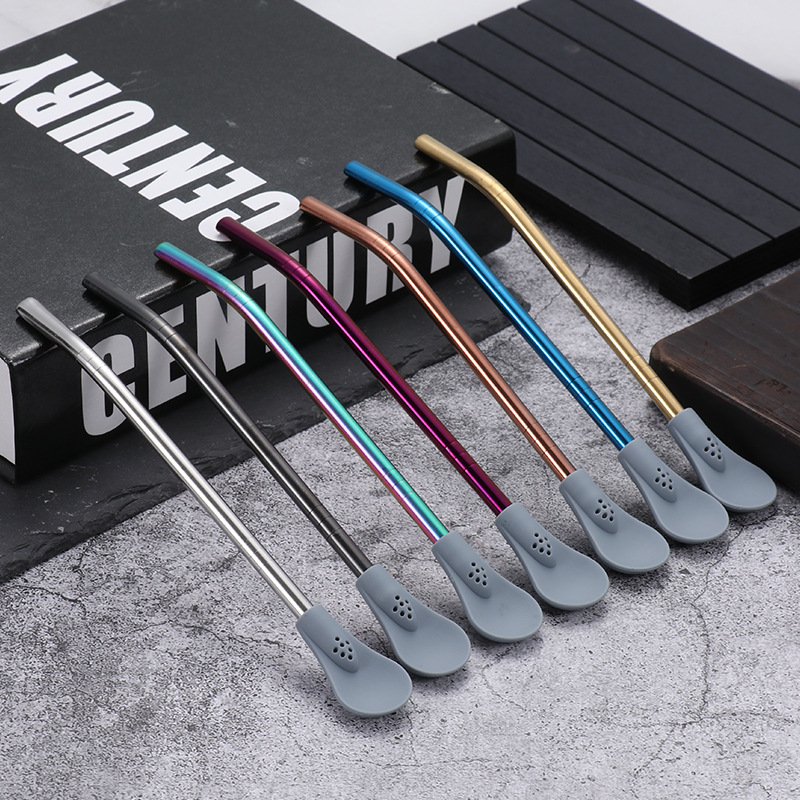 304 stainless steel straw spoon, silicone beverage straw, detachable coffee stirring spoon, filter yerba mate straw spoon full figure