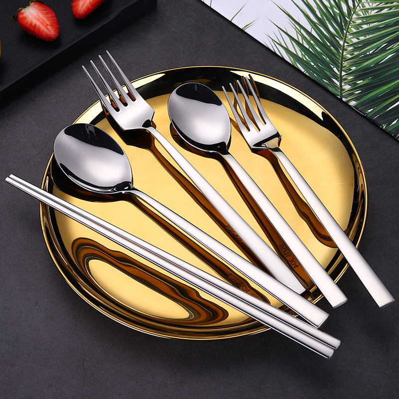 304 stainless steel Korean-style spoons, forks, chopsticks, long-handled spoons, forks and spoons, student portable three-piece set of chopsticks, spoons and forks full figure