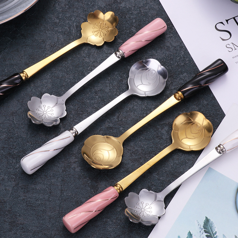 Creative dessert spoon, Japanese golden cherry blossom spoon, rose spoon, ins cute ceramic spoon, stainless steel coffee stirring spoon Specification drawing