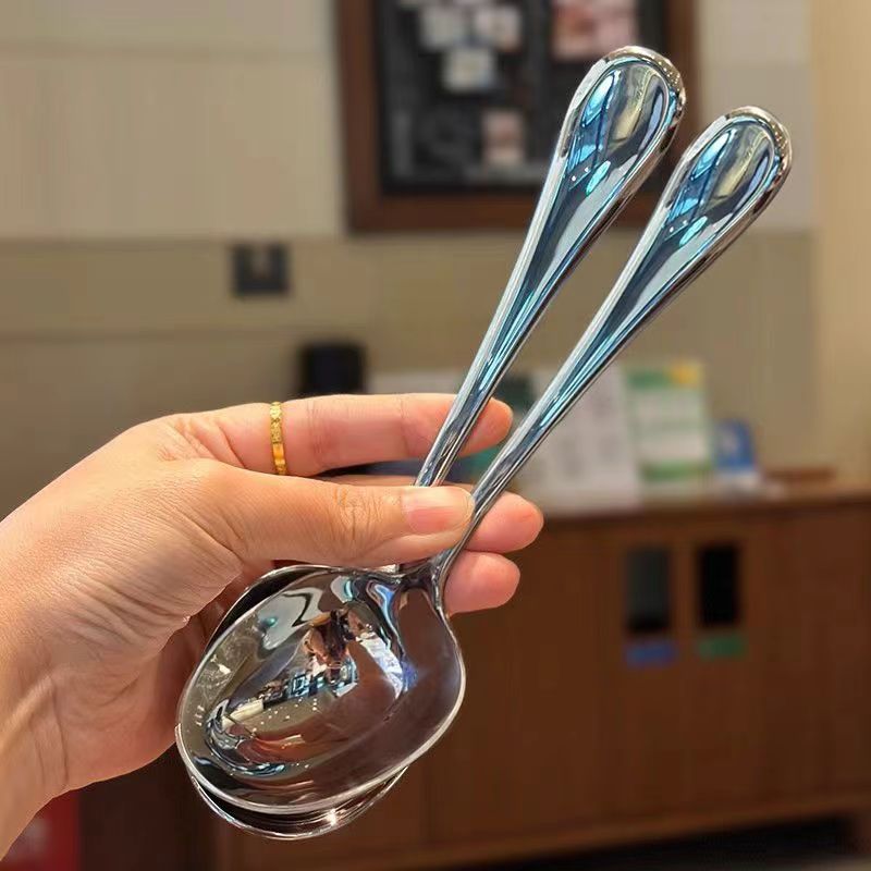Stainless steel wide-handled deep soup spoon, large-mouth soup spoon, dry rice spoon, deep-mouth small soup shell, public spoon, large noodle and porridge spoon details Picture