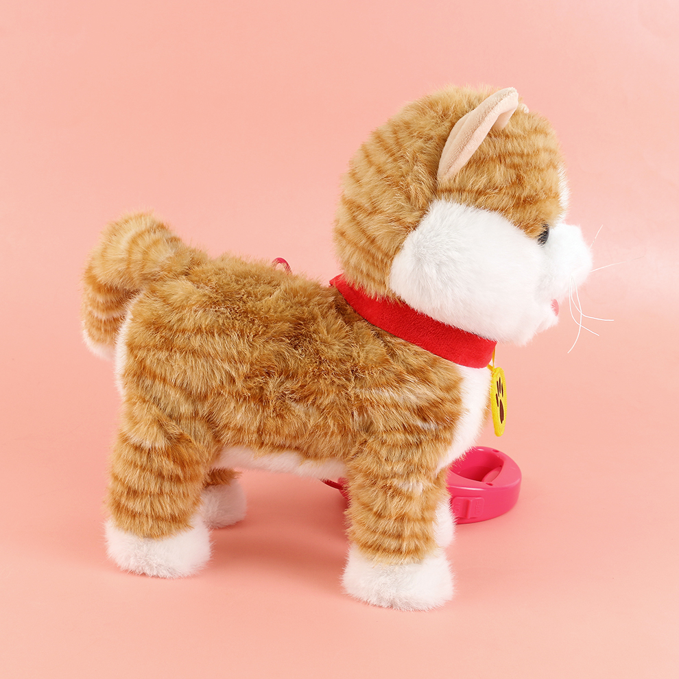 A yellow striped electric plush kitten sings while being held in a princess hug. The recording is saved for parent-child games. It acts cute and sticks out its tongue to ask for a hug details Picture