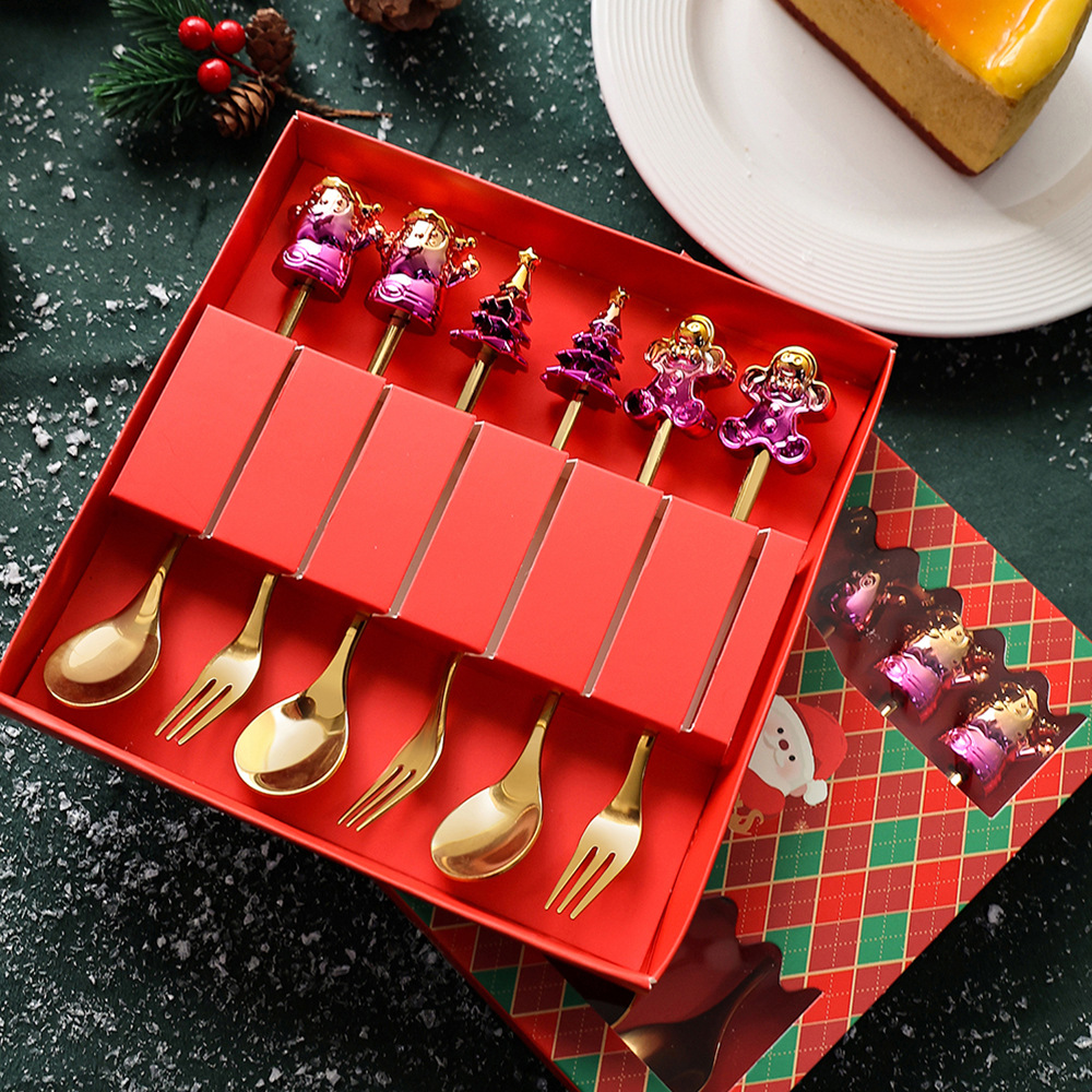 Cross-border Christmas tableware: Colorful stainless steel spoons, cartoon Christmas spoons and forks, stainless steel dessert forks, gift set Application Scenario