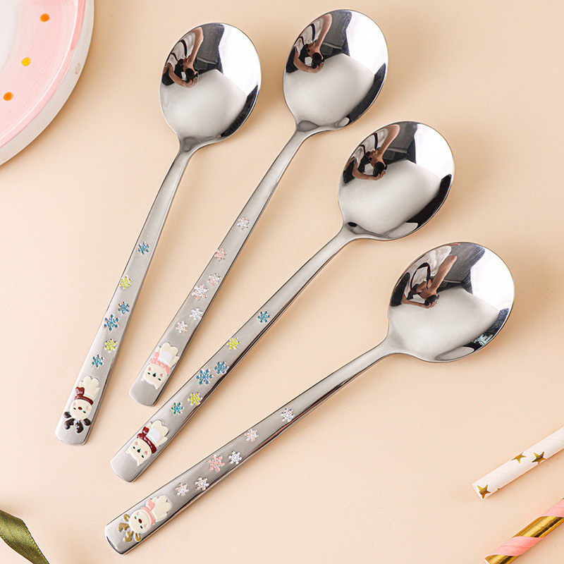 304 stainless steel spoon, round spoon, cartoon relief deer spoon, household long-handled soup spoon, Korean-style spoon, spoon spoon full figure