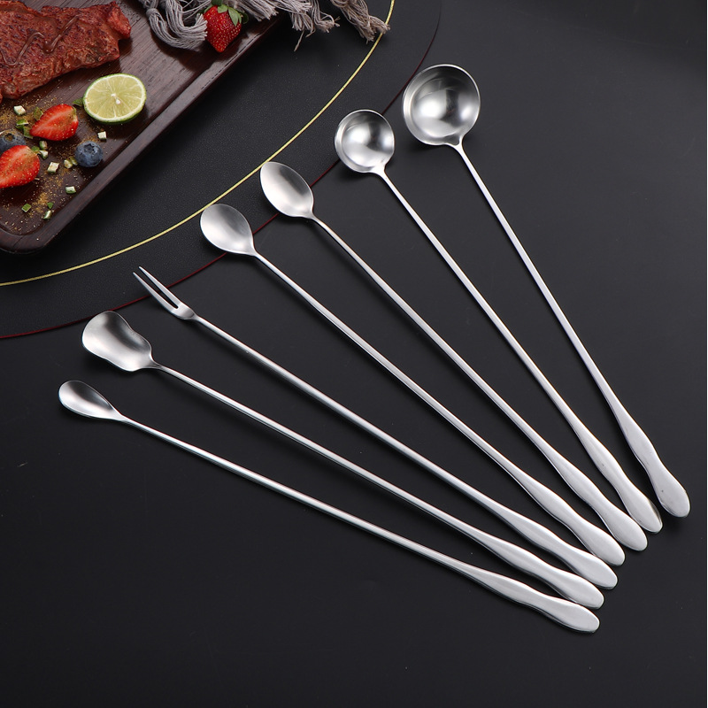 Stainless steel long-handled spoon, gourd-handled ice spoon, honey mixing spoon, fruit fork, oil spoon, hot pot seasoning spoon, extended spoon details Picture