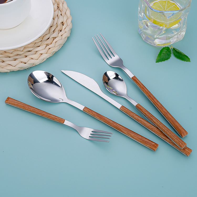 Japanese-style simple stainless steel tableware, creative wood-handled knives, forks and spoons, Western restaurant steak knives, fruit dessert forks Application Scenario