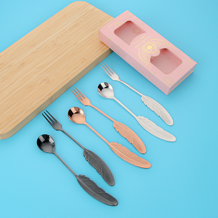 304 stainless steel spoon and fork creative feather spoon, leaf fork, fruit fork, dessert spoon, cake fork, coffee spoon set details Picture