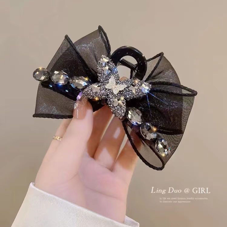 Organza bow diamond-encrusted grabber, large and elegant shark clip, high-end hair clip, women's back head clip, new hair clip detail image 4