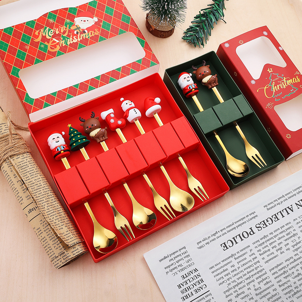 Cross-border Christmas spoons and forks, stainless steel tableware, cartoon spoons and forks, reindeer spoons, dessert spoons and forks, Christmas set full figure
