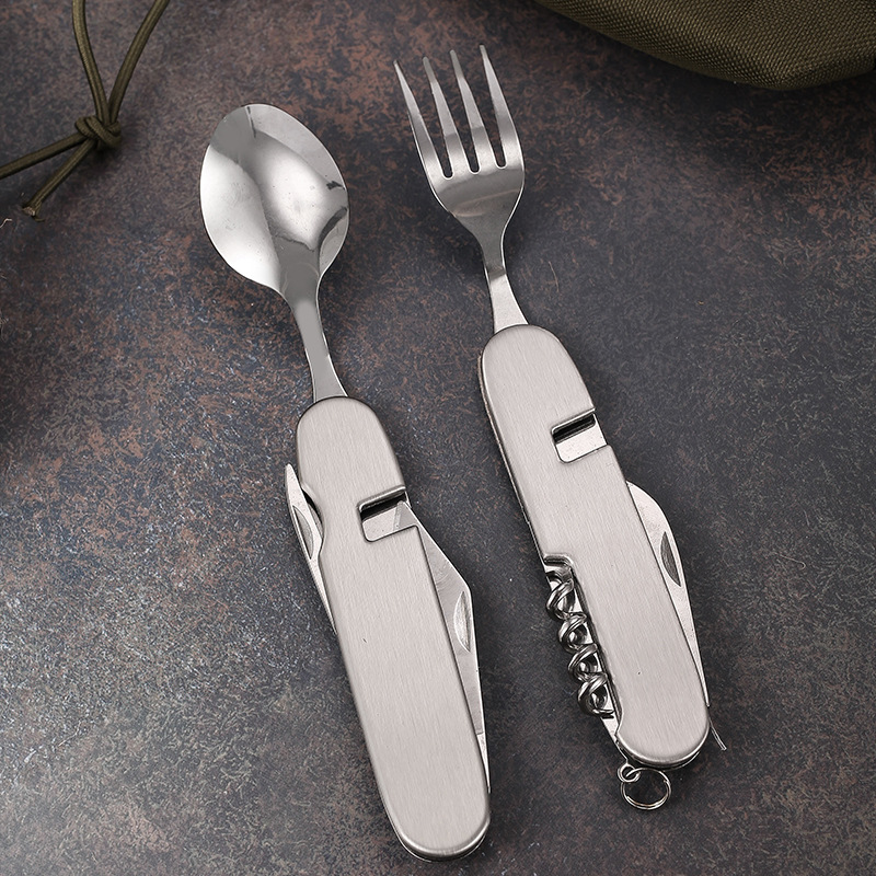 Stainless steel large six-piece knife, fork and spoon set tableware, Western food knife and fork detachable tableware, picnic props, outdoor folding details Picture