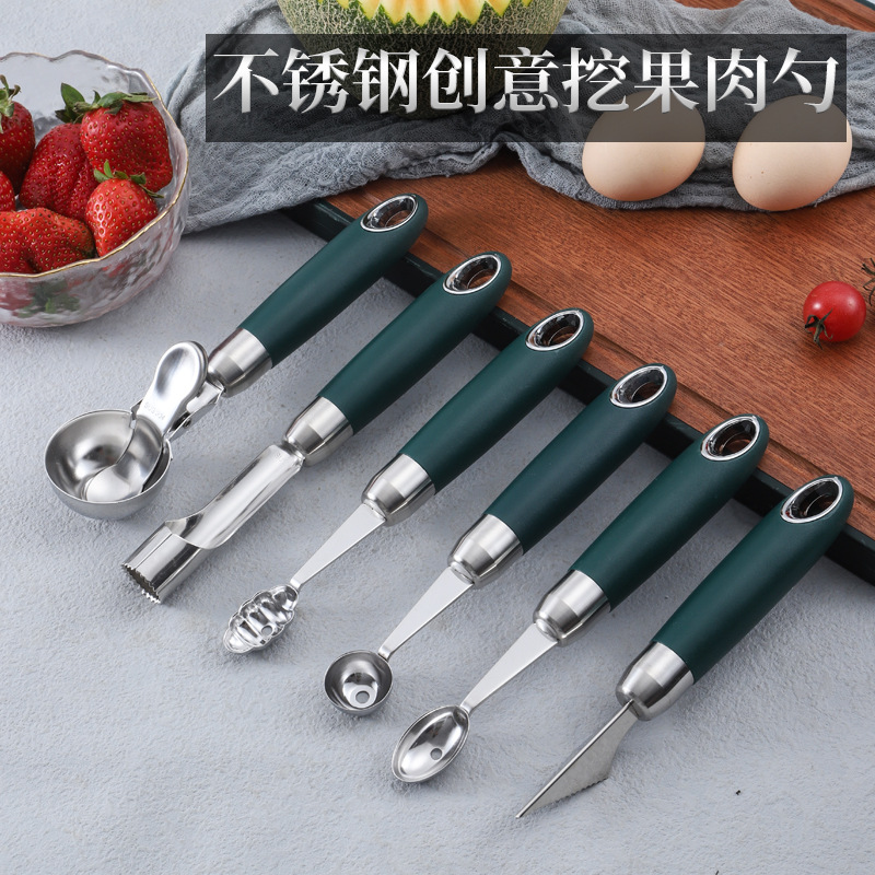 304 stainless steel, dark green handle kitchen small tools, fruit scoop, egg beater, peeler, fish scale planer, bottle opener full figure